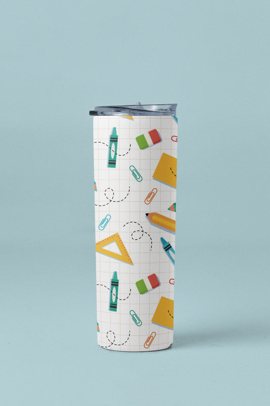 Back to School Supplies Pattern Teacher and Student Personalize Skinny Tumbler 20oz